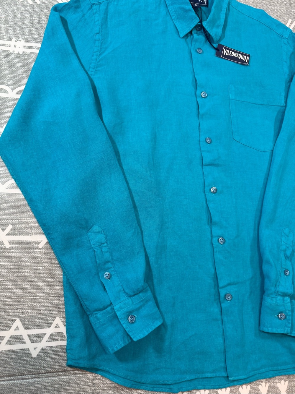 Vilebrequin Caroubis 100% Linen Shirt Lagon Turquoise Blue Medium - Picture 3 of 10